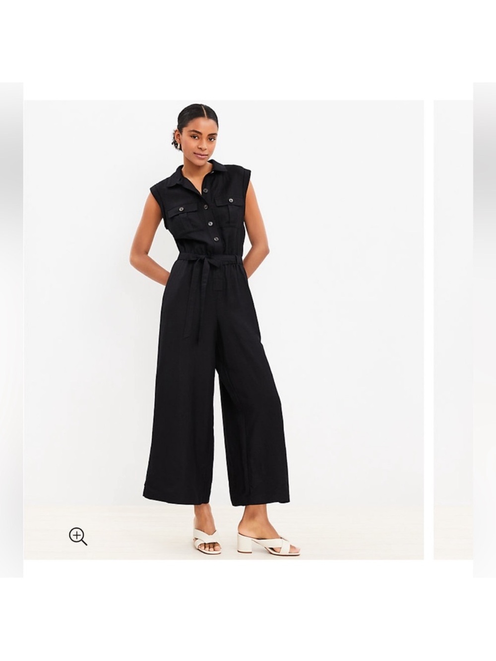 LOFT Black Linen Cap Sleeve Wide Leg Belted Jumpsuit Size XL